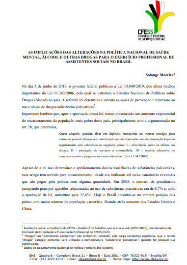 As implicações das alterações na Política Nacional de Saúde Mental, Álcool e Outras Drogas para o exercício profissional de assistentes sociais no brasil