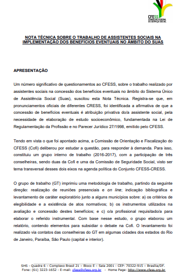 Nota Técnica sobre o trabalho de assistentes sociais na implementação dos benefícios eventuais no âmbito do Suas