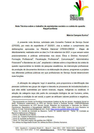 Nota Técnica sobre o trabalho de assistentes sociais e a coleta do quesito Raça-Cor-Etnia