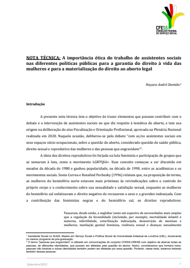 Nota técnica - A importância ética do trabalho de assistentes sociais nas diferentes políticas públicas para a garantia do direito à vida das mulheres