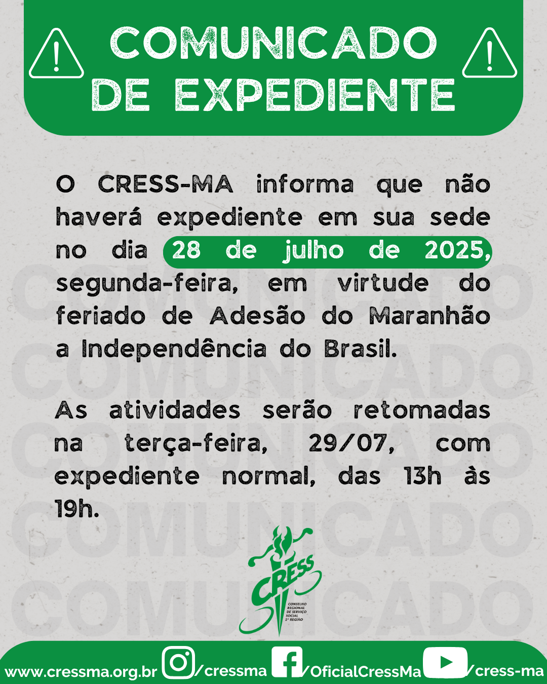 COMUNICADO 2025 - FERIADO 28 DE JULHO