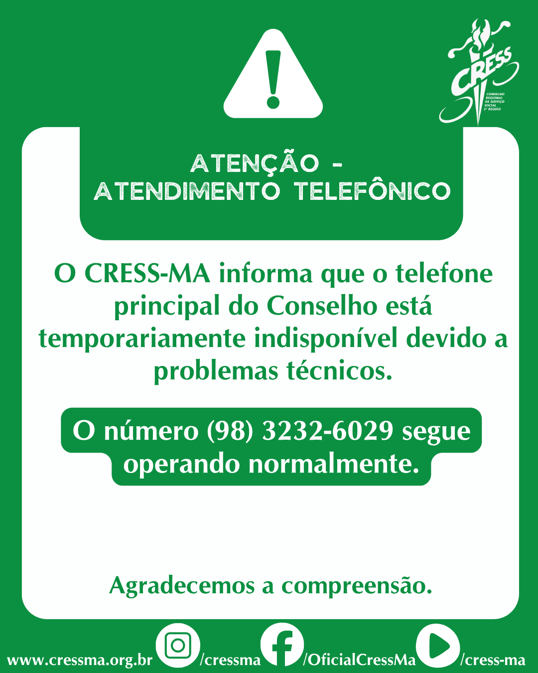 COMUNICADO ATENDIMENTO TELEFÔNICO