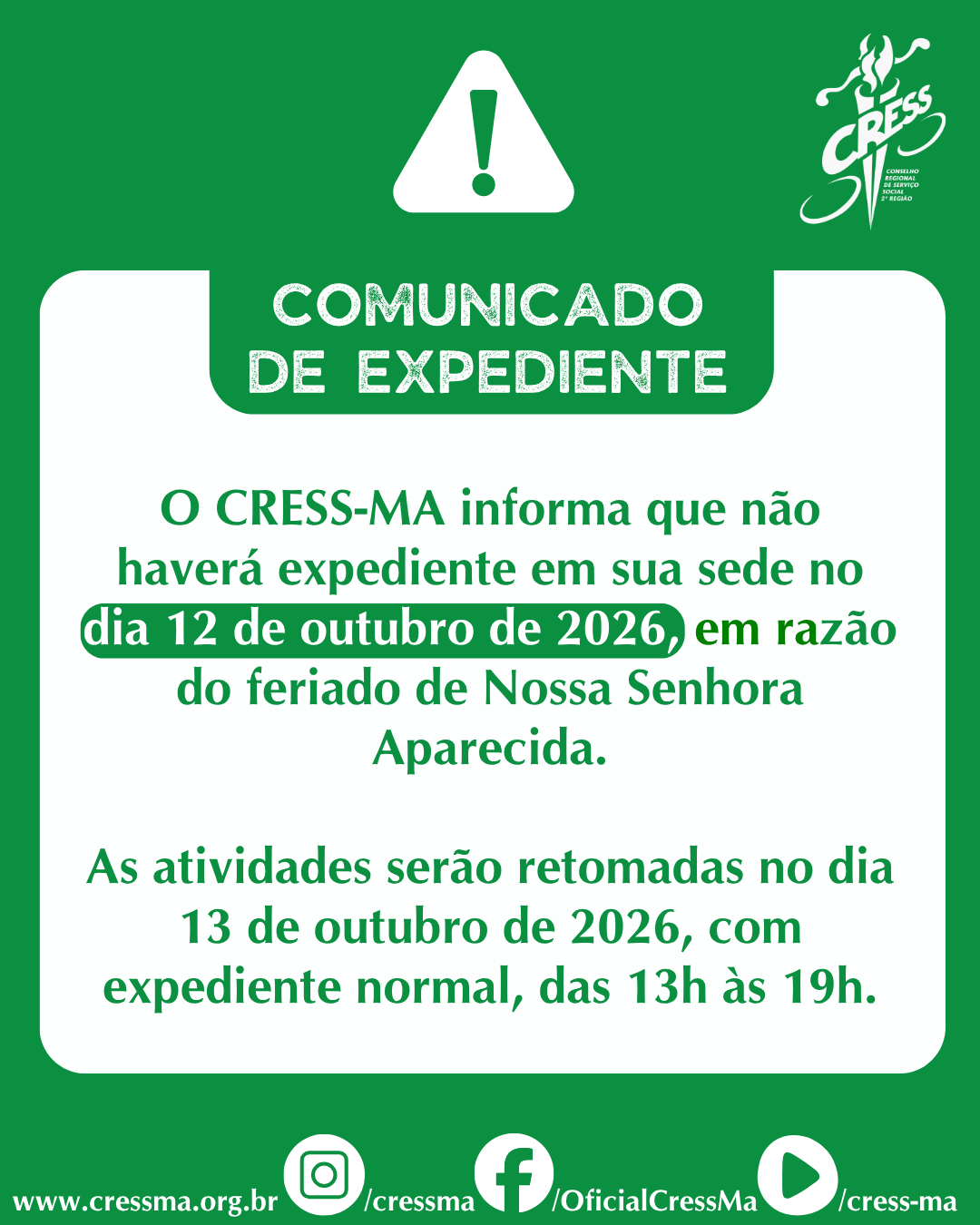 COMUNICADO DE EXPEDIENTE - 12 DE OUTUBRO