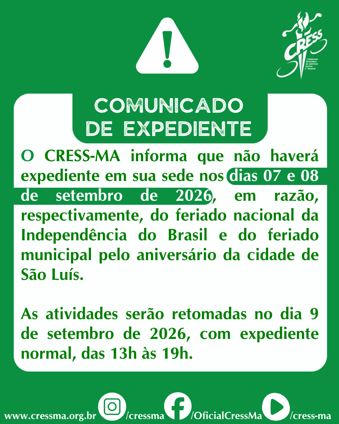 COMUNICADO FERIADO DE SETEMBRO